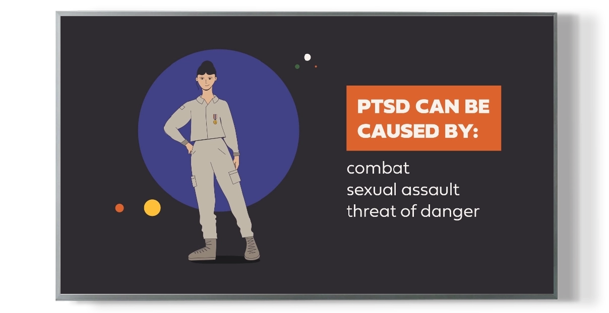 PTSD awareness screen highlighting causes including combat, sexual assault, and danger